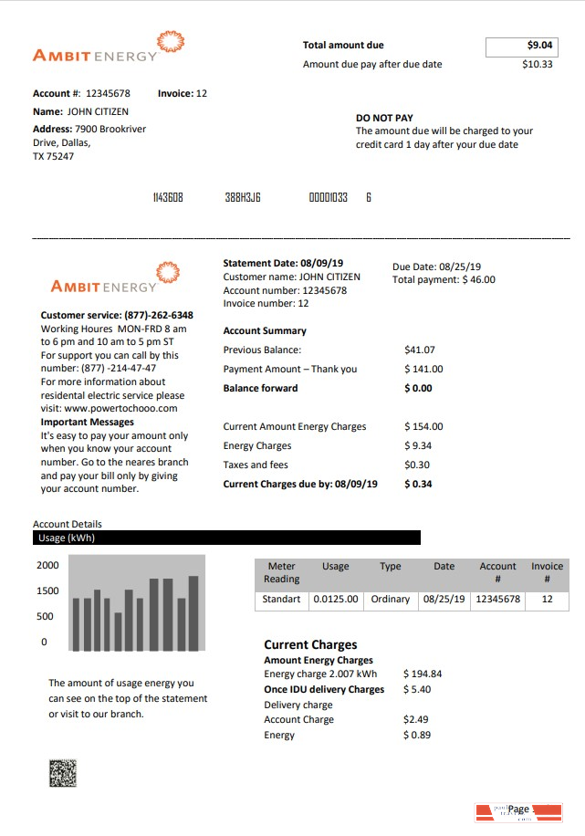 USA Texas Ambit Energy utility bill template in Word and PDF format
